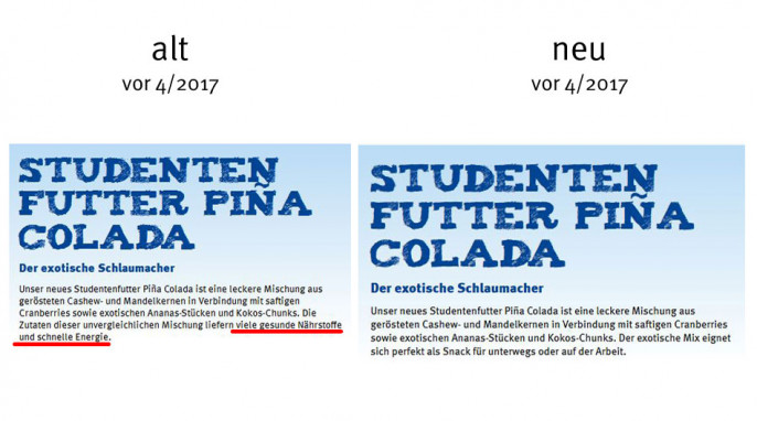 alt: Farmer`s Snack Studentenfutter Pina Colada auf farmers-snack.net, Januar 2017 neu: April 2017 