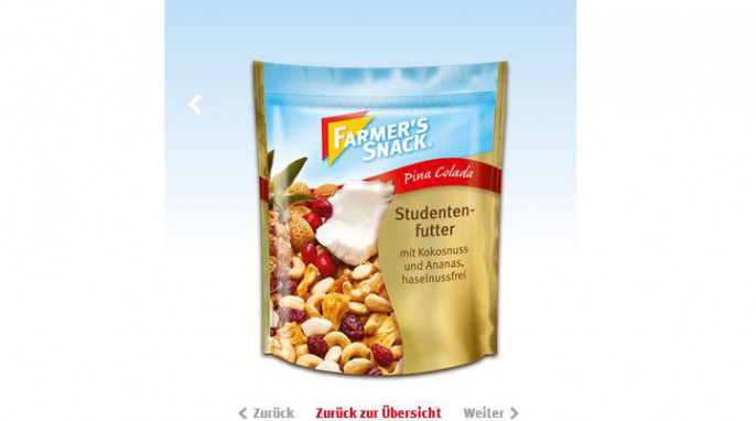 Farmer`s Snack Studentenfutter Pina Colada auf farmers-snack.net, Januar 2017 