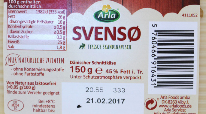 Rückseite, Arla Svensø, Dänischer Schnittkäse