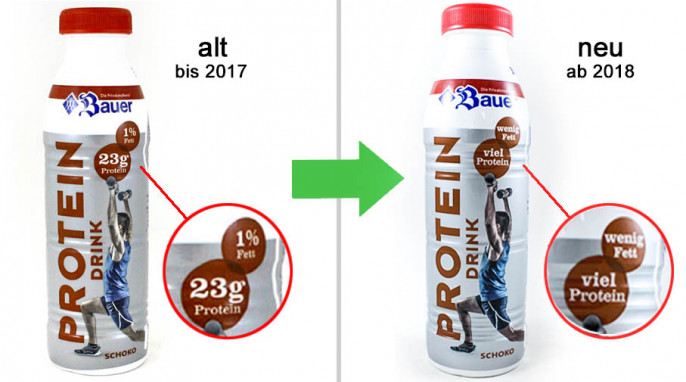 alt: Bauer Protein Drinks, Beispiel Sorte Schoko, 2017; neu: 2018