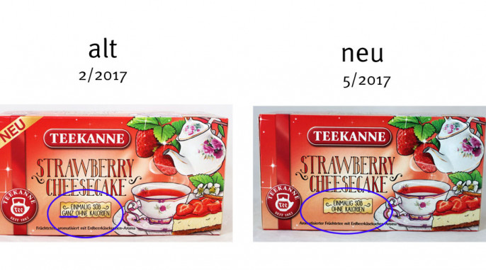 alt: Teekanne Sweeteas, Beispiel Teekanne Strawberry Cheesecake, vor Mai 2017; neu: ab Mai 2017 