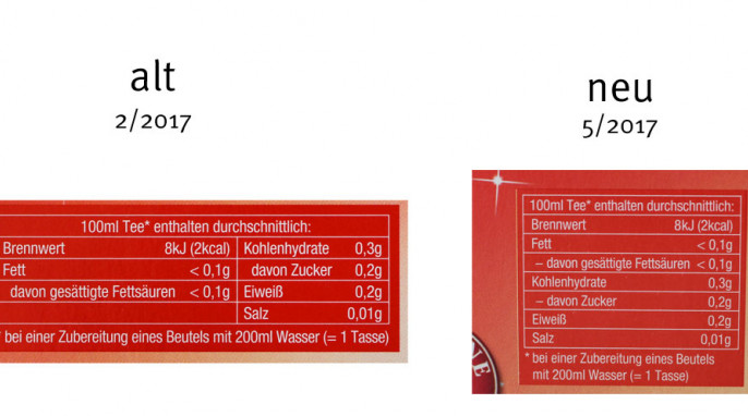 alt: Nährwerte, Teekanne Sweeteas, Beispiel Teekanne Strawberry Cheesecake, vor Mai 2017; neu: ab Mai 2017