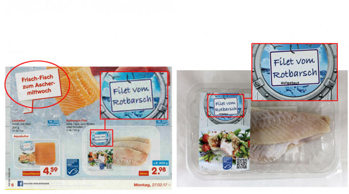 links: Ausschnitt Rotbarsch-Filet, Werbung für „Frisch-Fisch zum Aschermittwoch“; rechts: Netto Filet vom Rotbarsch