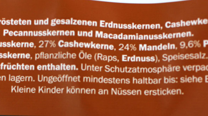 Zutaten, Vergleichsprodukt Alesto Snack Mix mit Macadamia geröstet und gesalzen