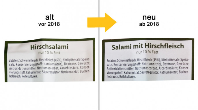 alt: Bezeichnung + Zutaten, Greußner Delikatess Hirsch-Salami, vor 2018; neu: Greußner Delikatess Salami mit Hirschfleisch, ab 2018