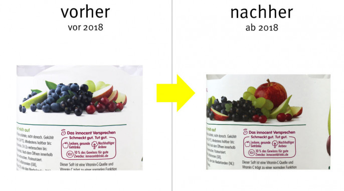 alt: Abbildung Seite, Innocent Direktsaft Wilde Blaubeere, Johannisbeere & Cranberry, vor 2018; neu: ab 2018