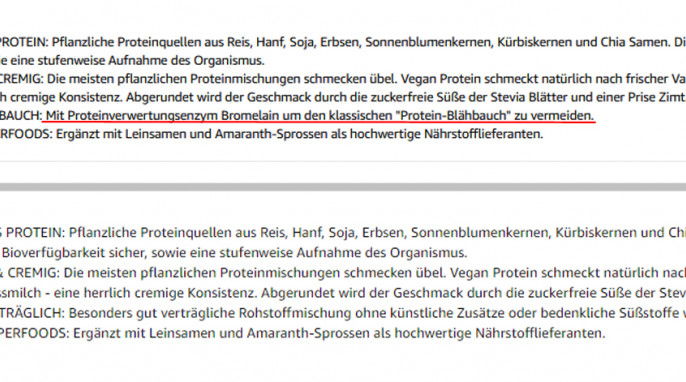 alt: Eigenschaften, Honest Nutrition Vegan Protein, Beispiel Sorte Vanille, auf amazon.de, Screenshot 25.07.2017; neu: Eigenschaften, Honest Nutrition Vegan Protein, Beispiel Sorte Vanille, auf amazon.de, Screenshot 23.11.2017