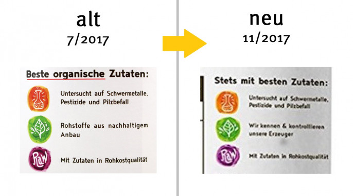 alt: Werbung Seite 2, Honest Nutrition Vegan Protein, Beispiel Sorte Vanille; neu: Werbung Seite 2, Honest Nutrition Vegan Protein, Beispiel Sorte Vanille, Screenshot 29.05.2018 von amazon.de 