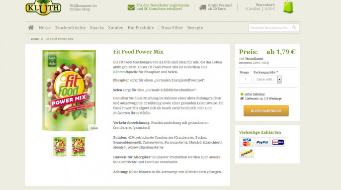 Angebot, Kluth Fit Food Power-Mix auf kluth-shop.de, Screenshot 27.07.2017