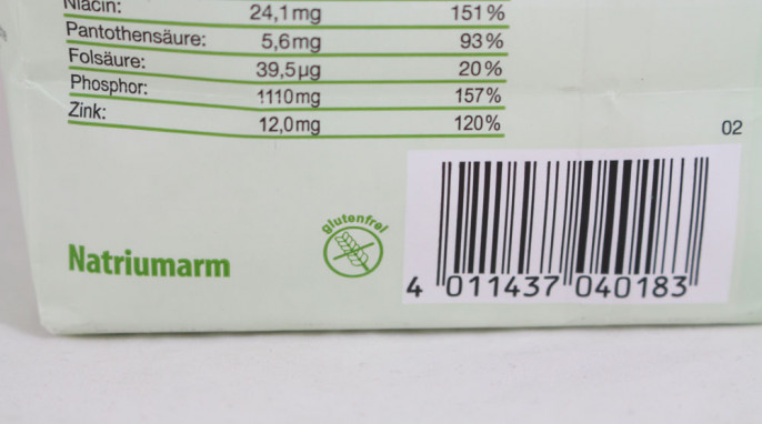 Rückseite, Label „glutenfrei“, Vitam Hefeflocken