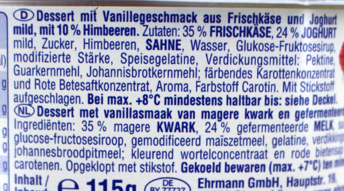 Zutaten, Ehrmann VanilleTraum, Beispiel Sorte Himbeere