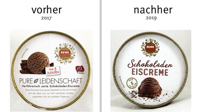 alt: REWE Schokoladeneiscreme, 2017; neu: 2019