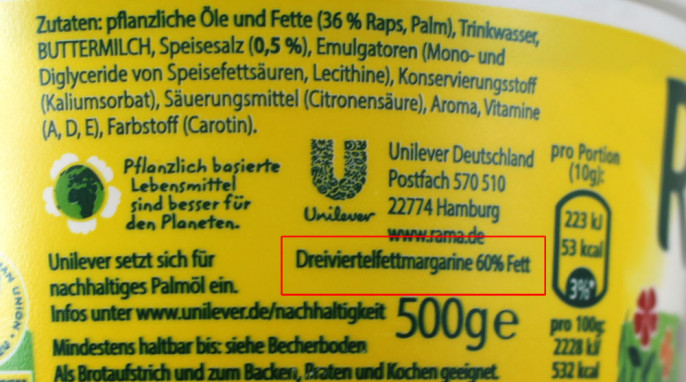 Unilever Rama, Zutaten + Bezeichnung