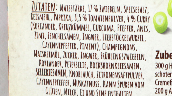 Zutaten, Knorr Würzbasis, Beispiel Mildes Hähnchen Curry