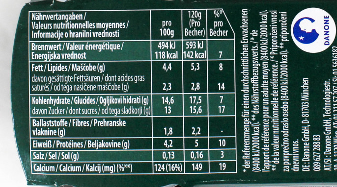 Nährwerte, Danone Activia Bifidus Acticularis, Dinkel & Walnuss