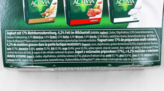 Zutaten, Danone Activia Bifidus Acticularis, Dinkel & Walnuss 