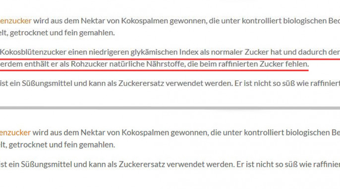 alt: Produktbeschreibung BioNutra Kokosblütenzucker auf bionutra.de, vor 03/2018; nach 03/2018