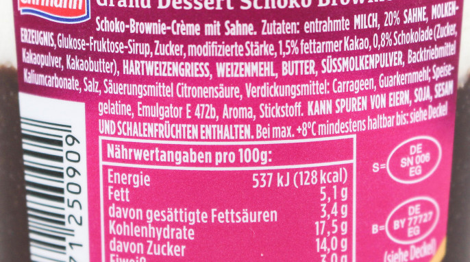 Zutaten + Nährwerte, Ehrmann Grand Dessert Schoko Brownie