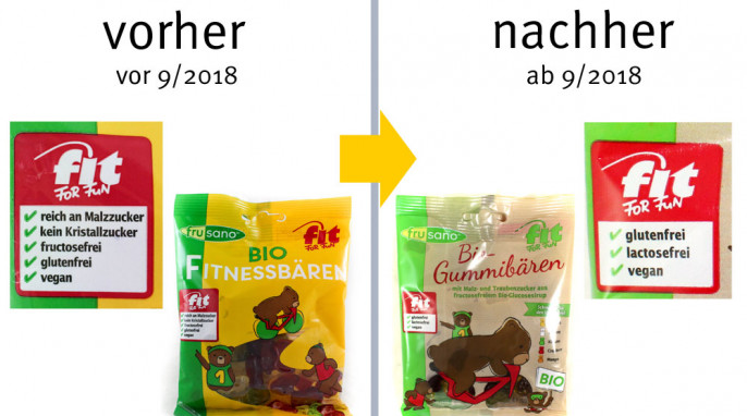 alt: Frusano Bio Fitnessbären, vor 09/2018; neu: Frusano Bio Gummibärchen, ab 09/2018