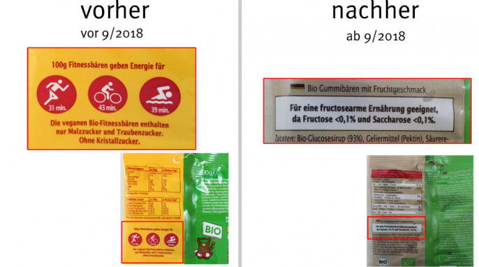 alt: Werbung Rückseite, Frusano Bio Fitnessbären, vor 09/2018; neu: Frusano Bio Gummibärchen, ab 09/2018