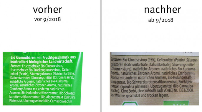 alt: Zutaten, Frusano Bio Fitnessbären, vor 09/2018; neu: Frusano Bio Gummibärchen, ab 09/2018