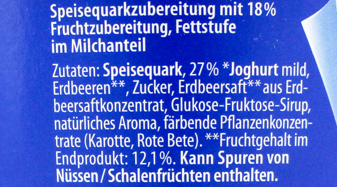 Zutaten, Weihenstephan Fruchtquark, Beispiel Sorte Erdbeere