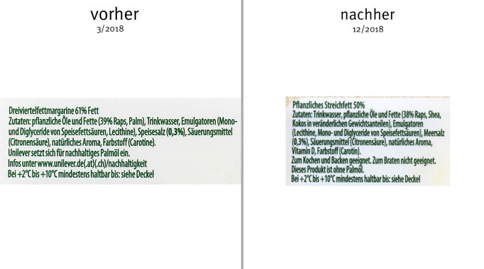 vorher: Bezeichnung + Zutatenliste, Rama 100 % Pflanzlich, März 2018; nachher: Dezember 2018 