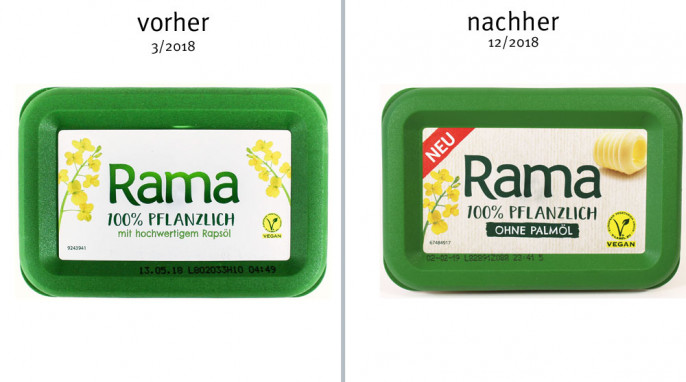 vorher: Deckel, Rama 100 % Pflanzlich, März 2018; nachher: Dezember 2018 