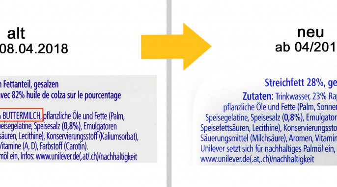 Vergleich Zutaten, Lätta Extra Fit 28 % Fett – mit Buttermilch; Die neue Lätta Extra Fit – 30 % mehr Buttermilch