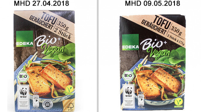 Mindesthaltbarkeitsdatum 27.04.2018, Edeka Tofu geräuchert – Bio + Vegan; Mindesthaltbarkeitsdatum 29.05.2018, Edeka Tofu geräuchert – Bio + Vegan