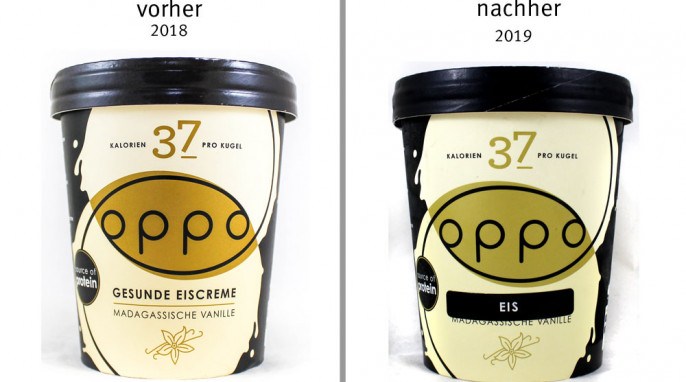 alt: Oppo Gesunde Eiscreme Madagassische Vanille, 2018; neu: Oppo Eis, 2019