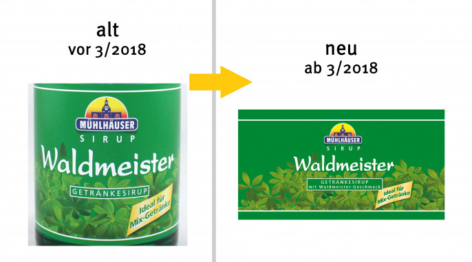 alt: Mühlhäuser Waldmeister Getränkesirup, vor 3/2018; neu: Mühlhäuser Waldmeister Getränkesirup mit Waldmeister-Geschmack, ab 3/2018, Herstellerfoto