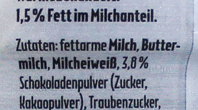 Bezeichnung und Zutaten, Müllermilch Protein, Beispiel Sorte Schoko