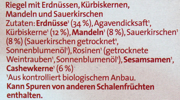 Bezeichnung und Zutaten, GutBio Genussriegel Kirsch-Mandel