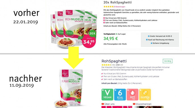 alt: Angebot CleanFoods Rohnudeln Spaghetti auf rohnudeln.de, Screenshot 22.01.2019; neu: Angebot CleanFoods Konjak RawNudeln Spaghetti auf cleanfoods.de, Screenshot 11.09.2019