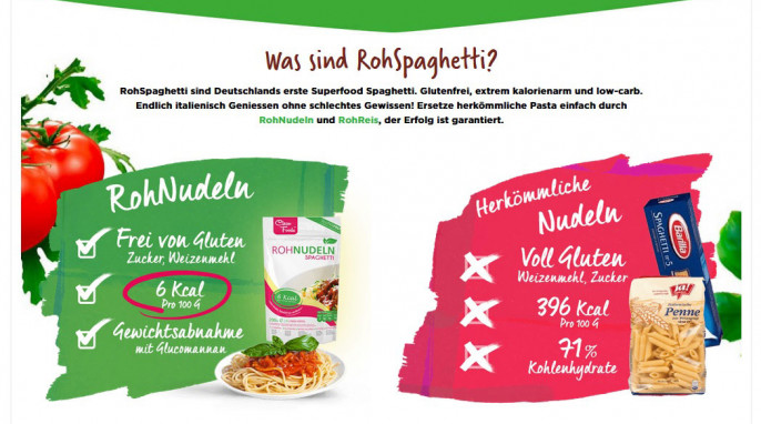 Nährwertvergleich, CleanFoods Rohnudeln auf rohnudeln.de, Screenshot 30.07.2018