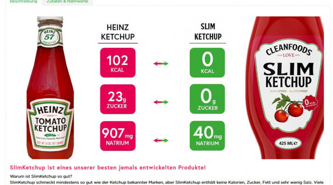 Nährwertvergleich, Clean Foods Slim Ketchup, rohnudeln.de, Screenshot 30.07.2018