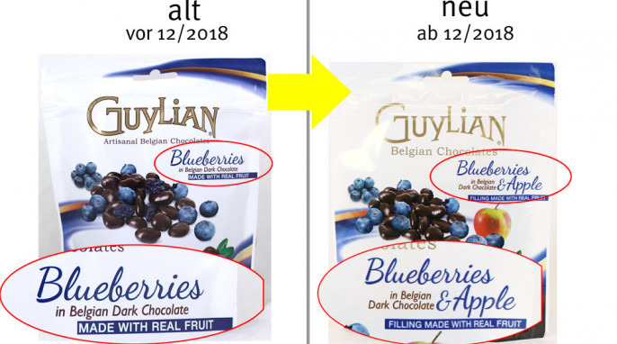 alt: Guylian Blueberries, vor 12/2018, neu: Guylian Blueberries & Apple, ab 12/2018