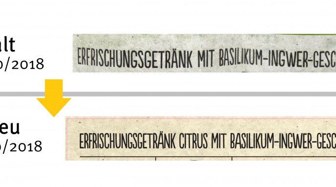 alt: Bezeichnung, Balis Basil – Basilikum Ingwer Drink, vor 10/2018; neu: ab 10/2018, Herstellerfoto