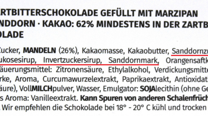 Bezeichnung + Zutaten, Sandokan Marzipan Sanddorn in Zartbitter