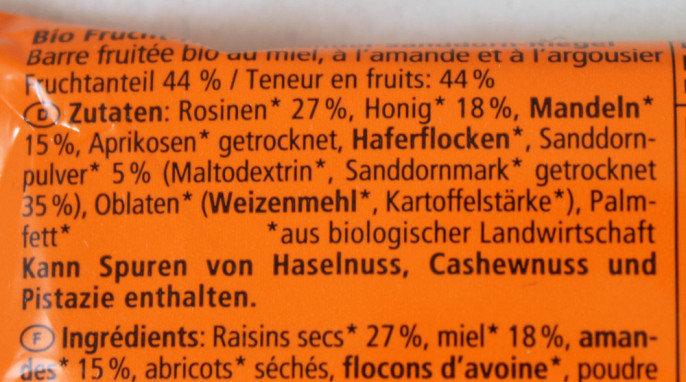 Zutaten, Alnatura Frucht Honig Sanddorn