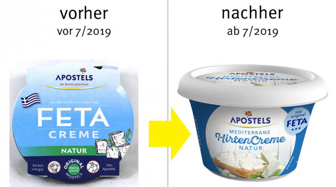 alt: Apostels Feta Creme 2018; neu: Mediterrane HirtenCreme 2019; Herstellerfoto