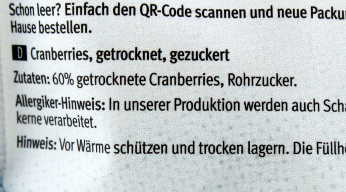 Bezeichnung + Zutaten, Farmer’s Snack Cranberry