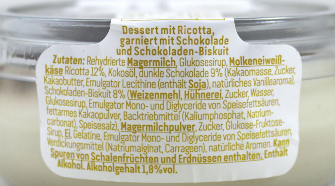 Bezeichnung + Zutaten,  Rewe Feine Welt Ricotta Dessert mit Schokolade