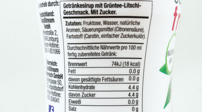 Bezeichnung und Zutaten, Sodastream free Grüntee-Litschi-Geschmack