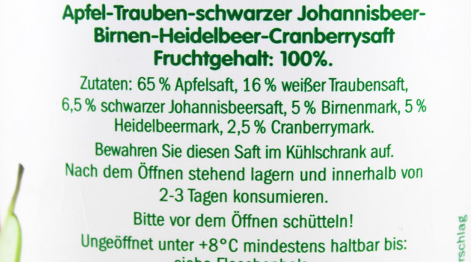 Zutaten, Solevita Heidelbeere & Cranberry & Johannisbeere Direktsaft  