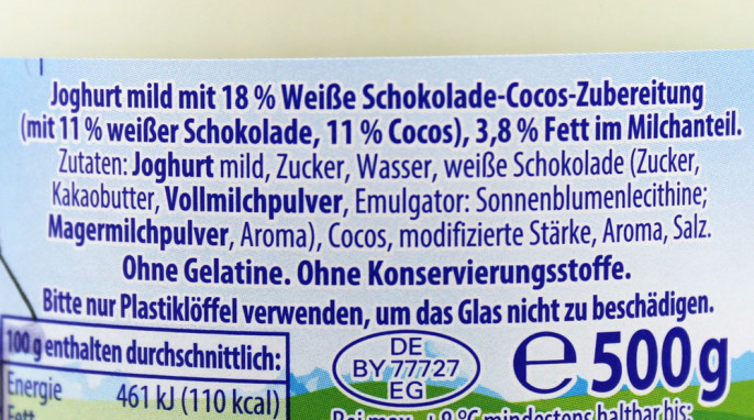 Zutaten, Ehrmann Almighurt Weiße Schokolade-Cocos