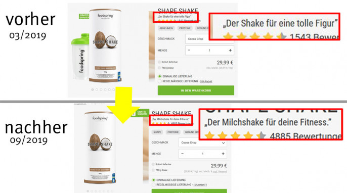 alt: Angebot foodspring Shape Shake, foodspring.de 05.03.2019; neu: 27.09.2019