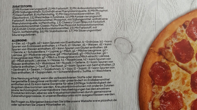 Pizza Pan Chicken Supreme, Rückseite Speisekarte Pizza Hut Stuttgart, 2019