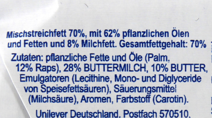 Bezeichnung und Zutaten, Unilever Botterram